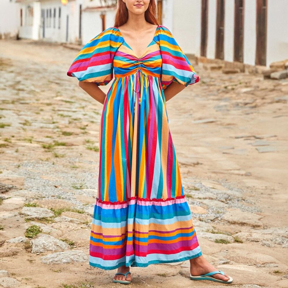FARM Rio Multicolor Striped Scarf Maxi Dress Size XS